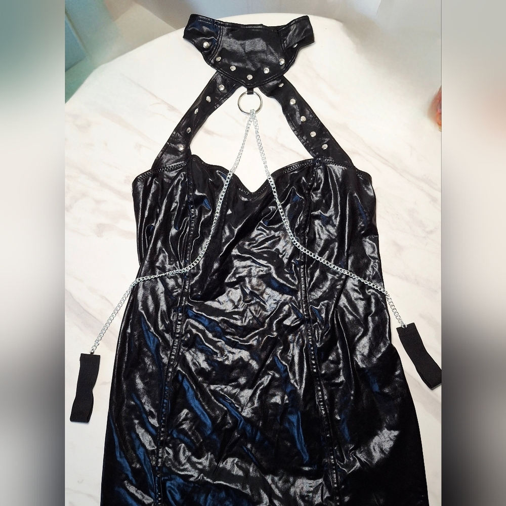 Dreamgirl Leather Look Chemise with Chain Cuffs (XL)